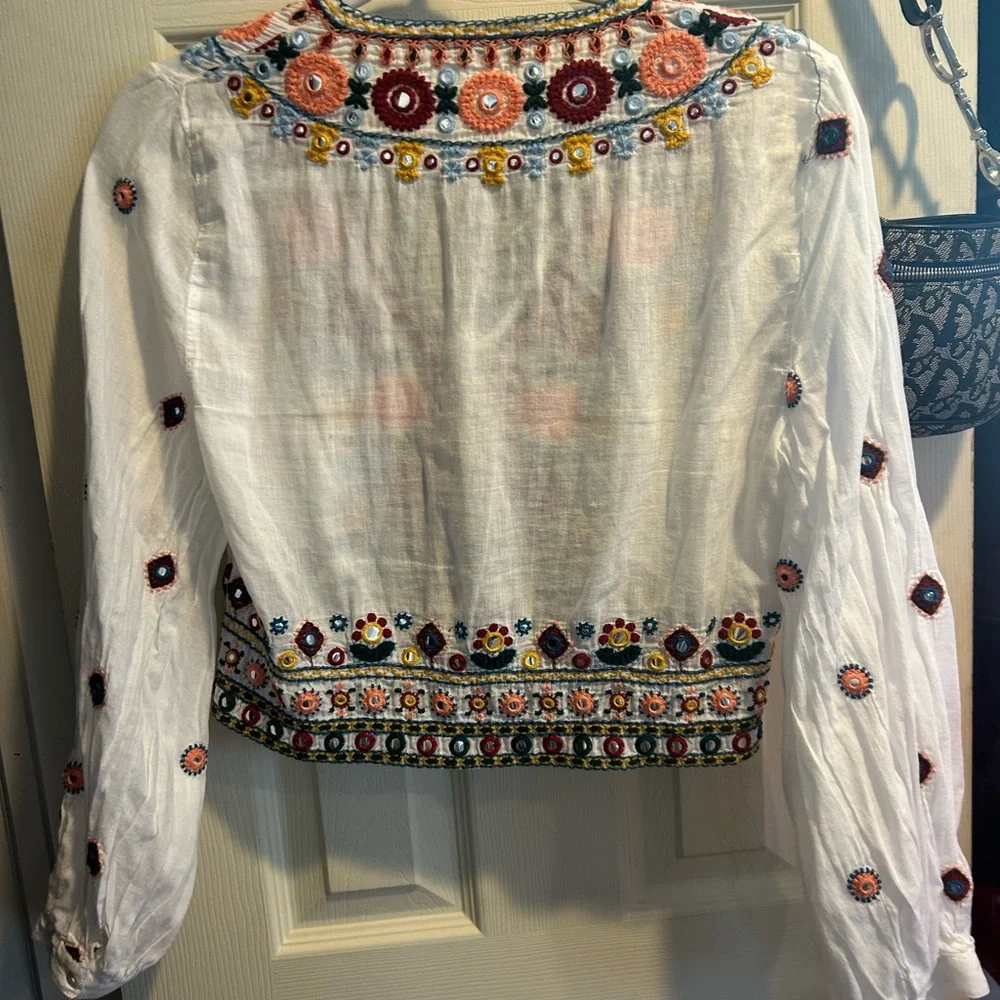 Zara Red and Black‎ Embellished Long Sleeve Blouse